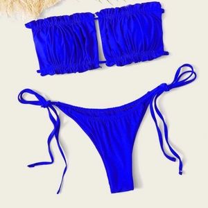 NWT SHEIN Blue Ruched Frill Bandeau Tie Bikini Set